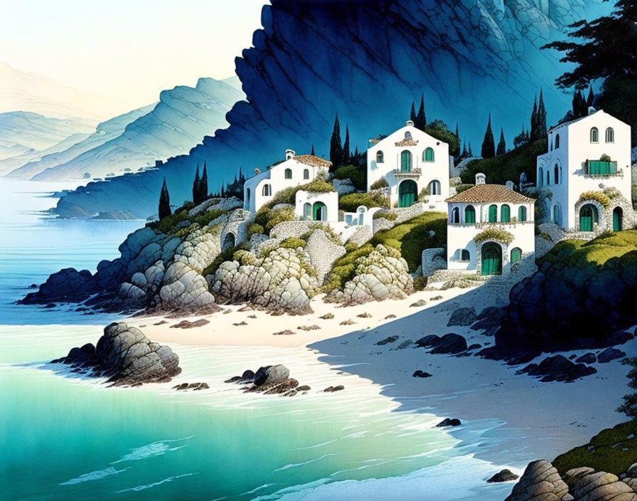 Whitewashed coastal villas with green roofs on rugged cliffside above serene turquoise sea and distant