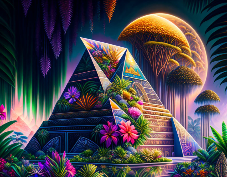 Colorful Pyramid Surrounded by Exotic Flora and Giant Mushrooms