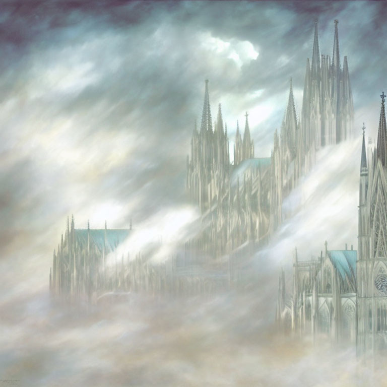 Mystical gothic cathedral in mist with towering spires under dramatic sky