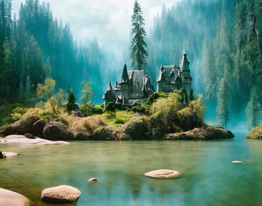 Enchanting castle on forested island with tranquil river