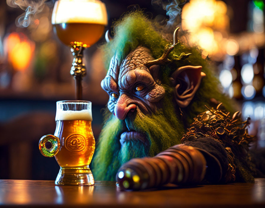 Green-haired troll with large ears and horn holding a scepter beside a glowing beer glass in a tavern