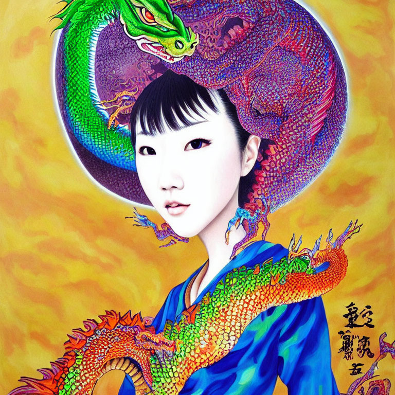 Colorful Oriental Dragon Artwork Featuring Young Woman on Warm Yellow Background