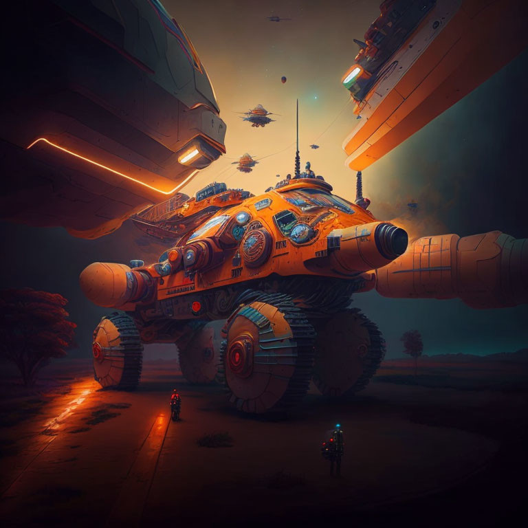 Futuristic hover vehicles and tank-like craft in alien landscape