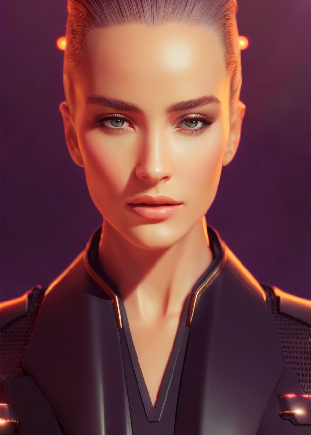 Digital rendering of woman with sleek hairstyle and futuristic outfit against warm backdrop