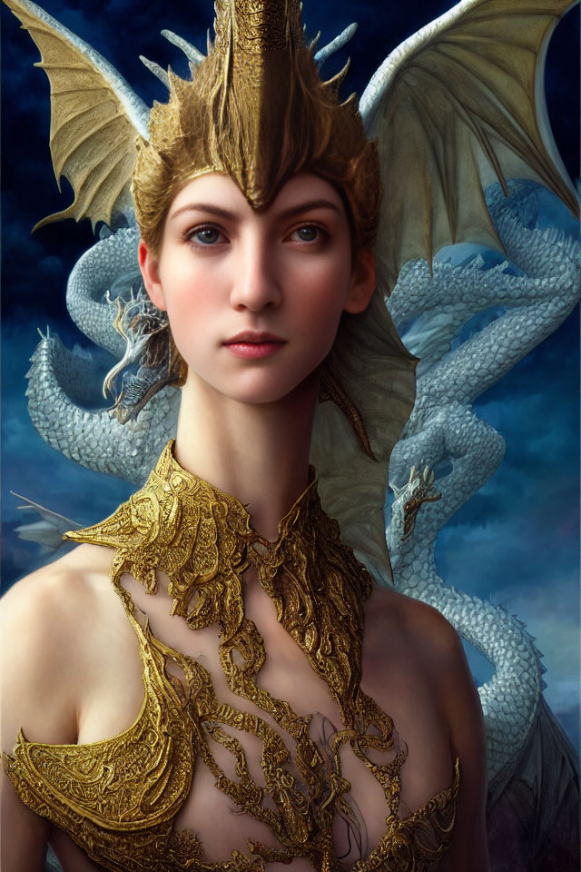 Regal woman in golden crown and armor with blue dragon.