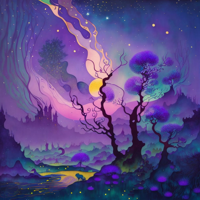 Purple-Toned Whimsical Landscape with Surreal Tree and Glowing Flora