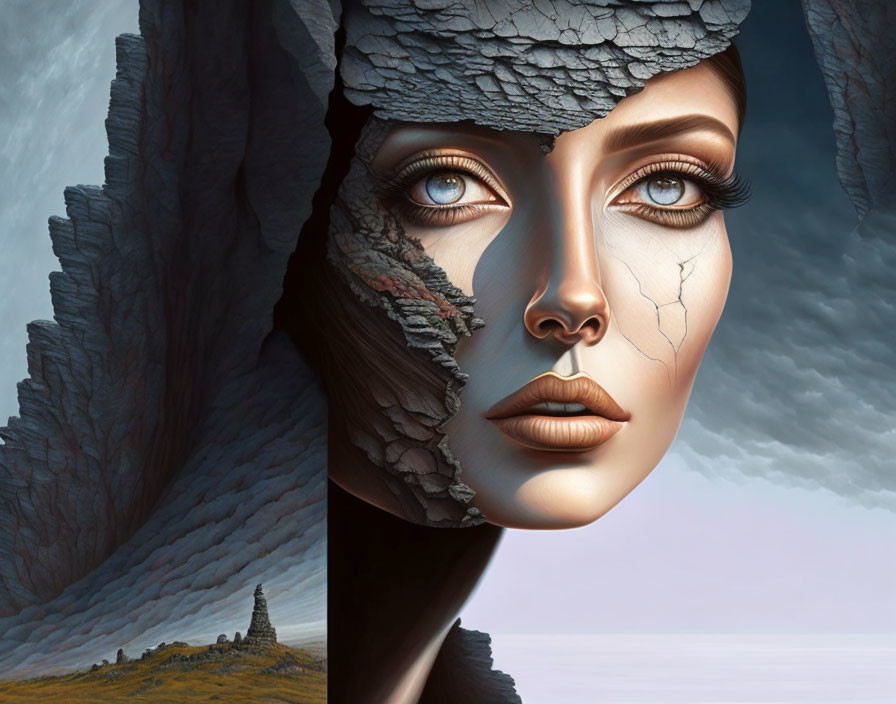 Female face merging with rocky cliffs, stone-like skin, intense eyes