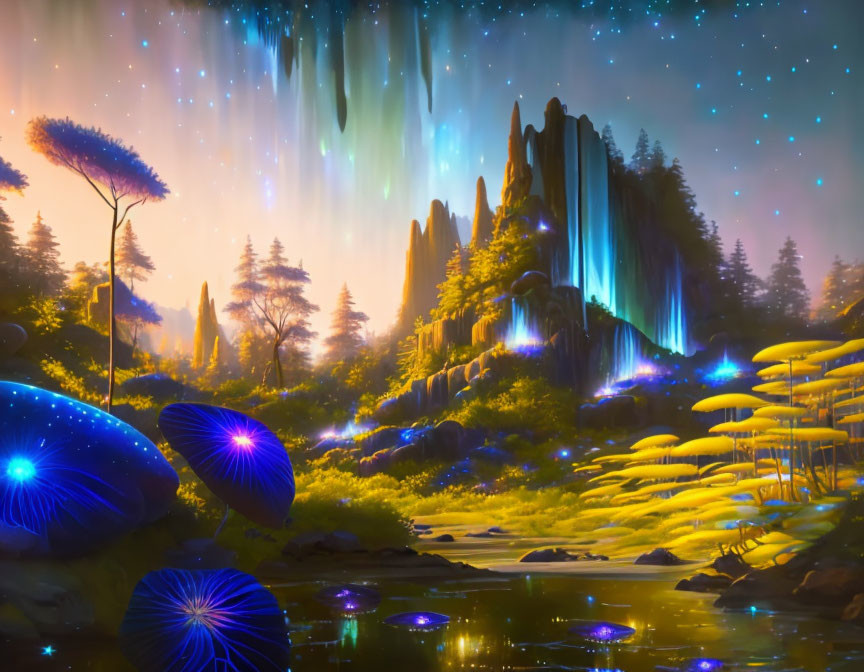 Enchanting landscape with glowing mushrooms, river, aurora skies, waterfalls, and starlit