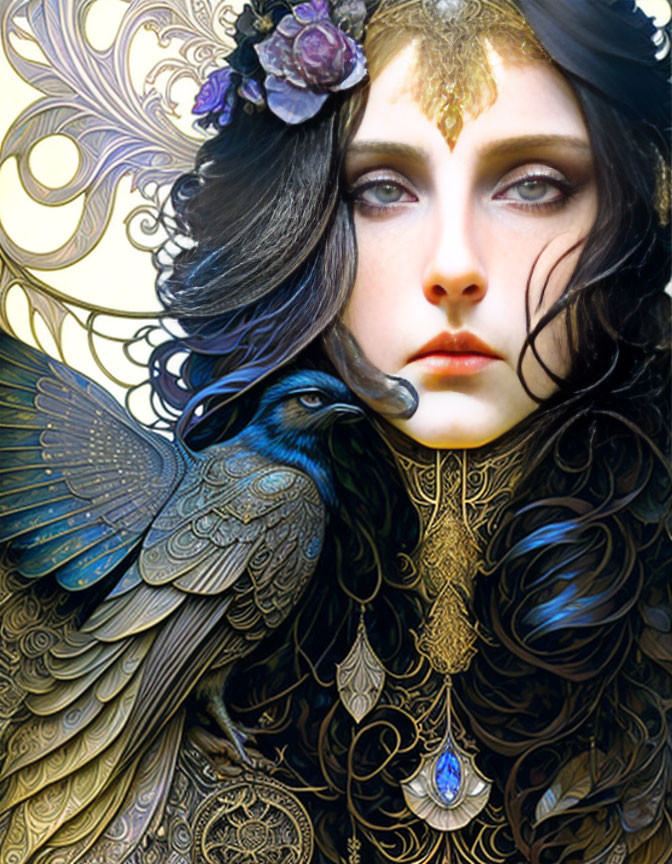 Dark-haired woman with gold patterns and blue raven.