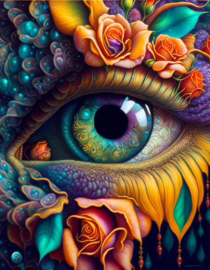 Detailed Eye Surrounded by Roses and Peacock Feathers Illustration