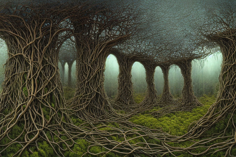 Dense, eerie forest with twisted tree roots and moss-covered archways