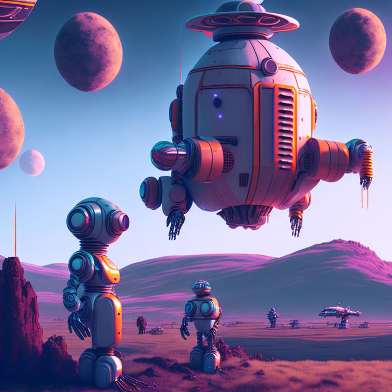 Futuristic scene with robots on alien planet, spaceship, moons