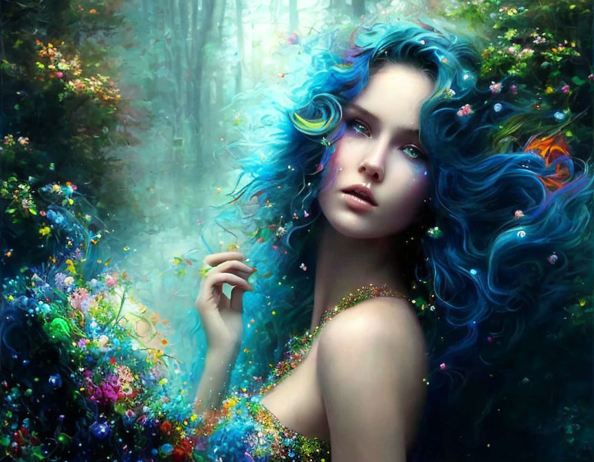 Vibrant blue-haired woman in mystical floral glade with sparkles