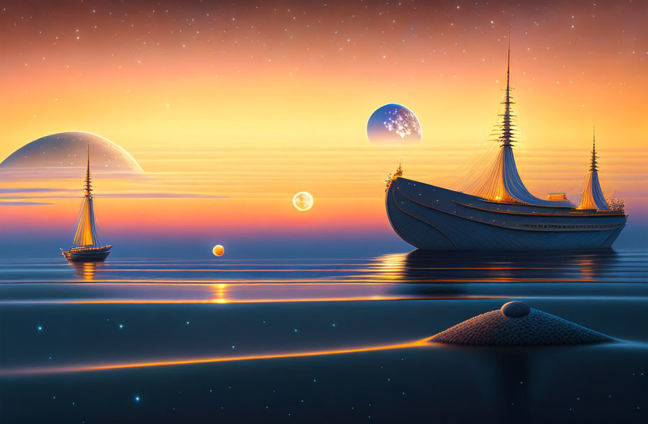 Surreal seascape with floating galleon-like boats under orange sky