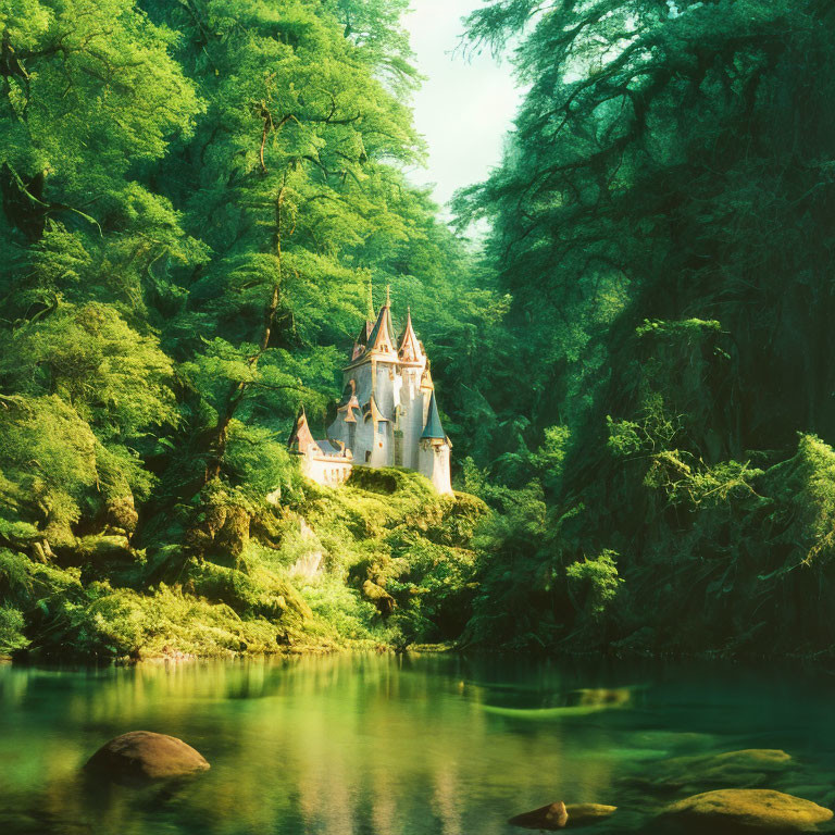 Enchanting castle in lush greenery reflected on forest lake