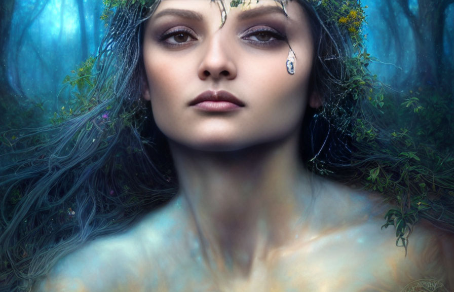 Mystical woman with ivy, crystal tear, and floral patterns in dreamy blue setting