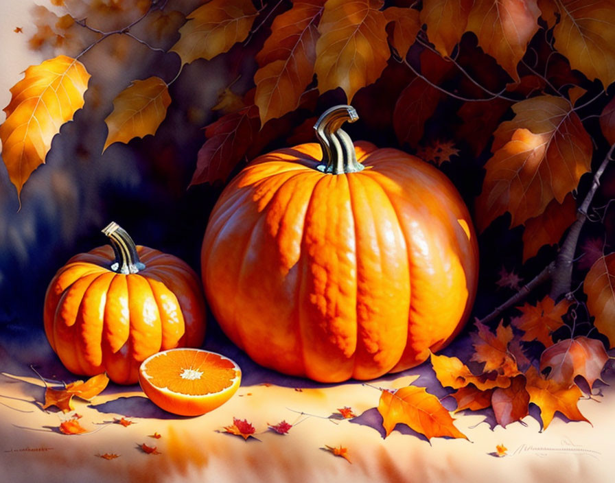 Autumn-themed pumpkin still life with warm color palette