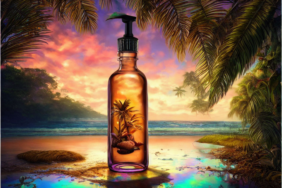 Tropical beach scene in pump-bottle with palm fronds at sunset