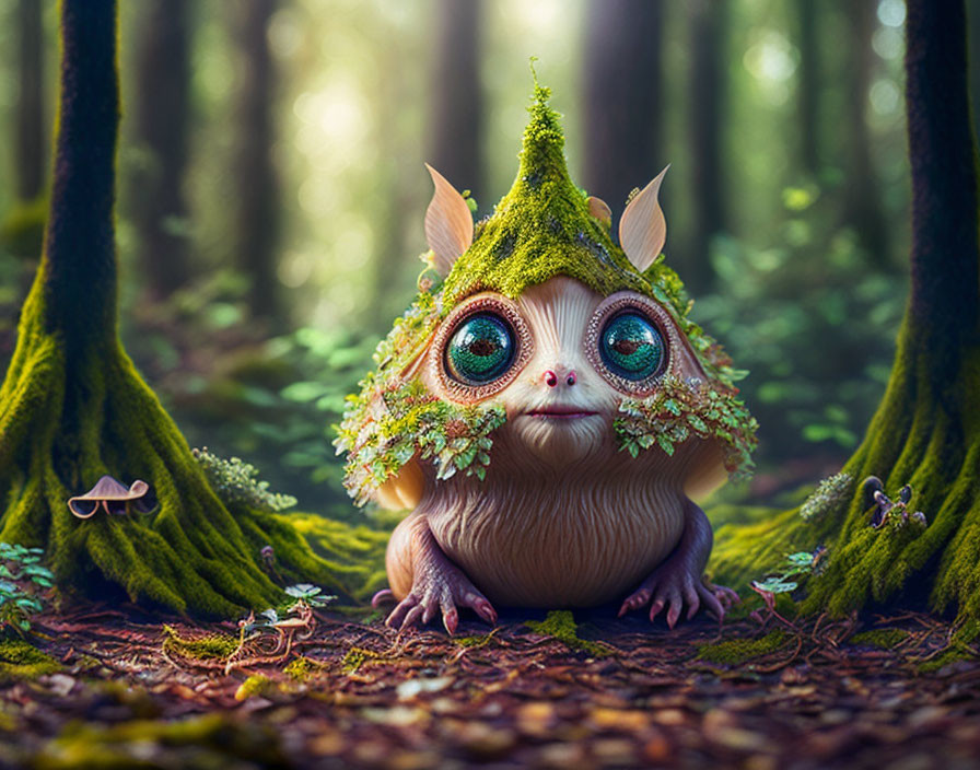Chubby Fantasy Creature with Mossy Hat in Magical Forest