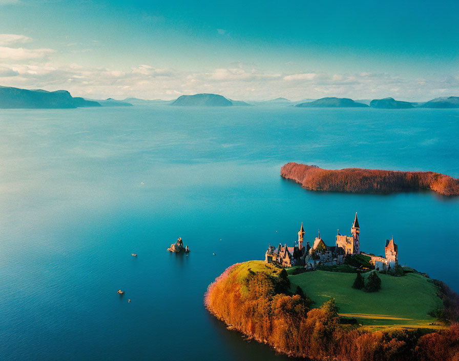 Historic castle on green peninsula by serene blue lake & mountains.