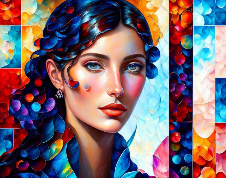 Vibrant portrait of a woman with blue hair and colorful skin mosaic