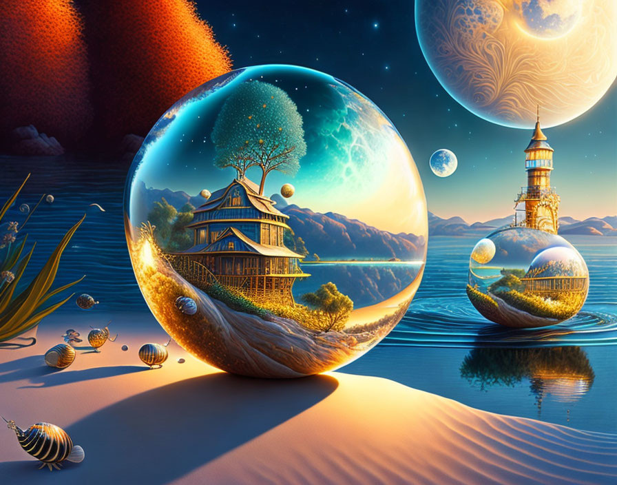 Surreal artwork: Crystal spheres with miniature landscapes on beach at night