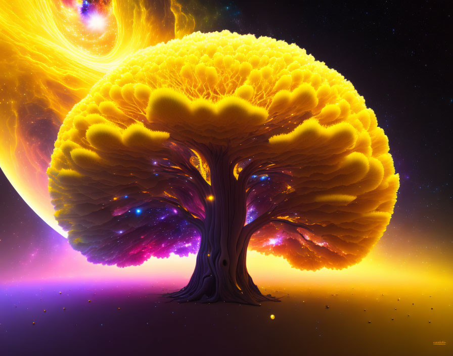 Majestic tree with golden canopy in cosmic digital artwork