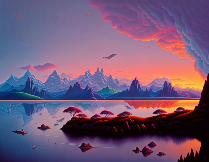 Colorful digital artwork: purple mountains, serene lake, fiery sunset sky, bird silhouettes