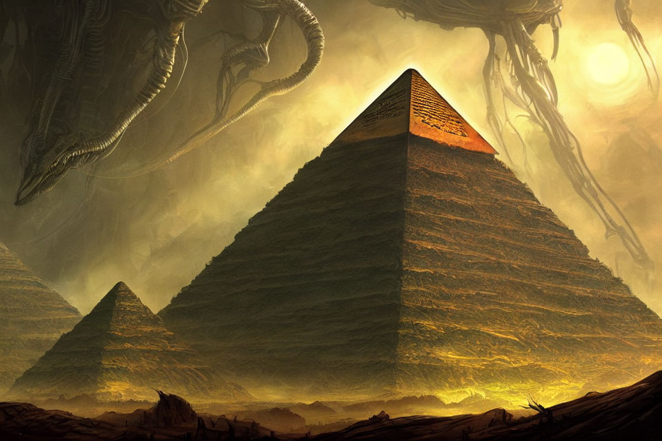 Futuristic alien landscape with large pyramids and serpent-like creatures