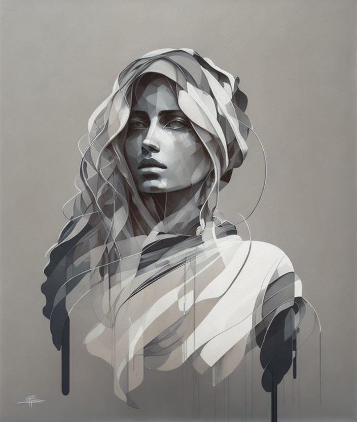 Monochromatic woman illustration with abstract flowing lines