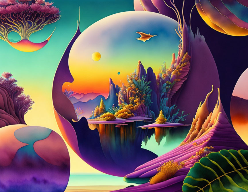 Surreal landscape with floating islands, colorful flora, moon, bird, gradient sky