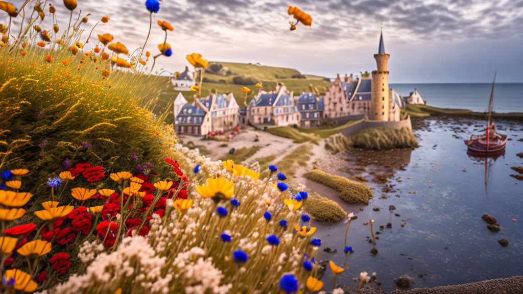 Stone castle, colorful flowers, traditional houses by the sea