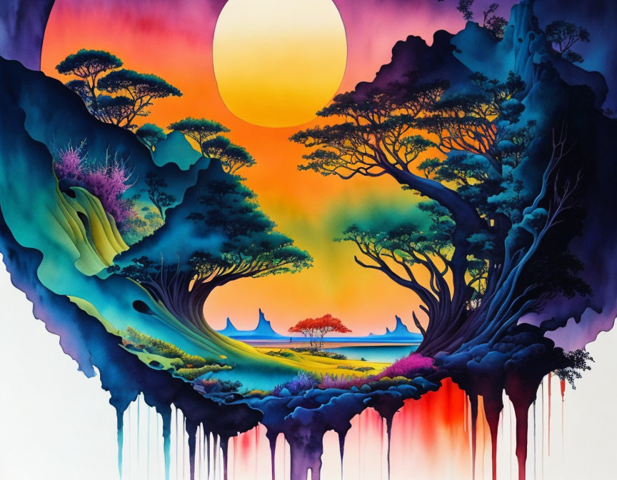 Colorful surreal landscape with vibrant trees and melting sun.