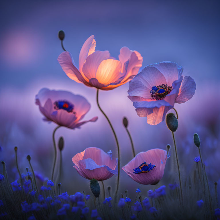 Twilight scene of illuminated poppies with soft-focus blue background