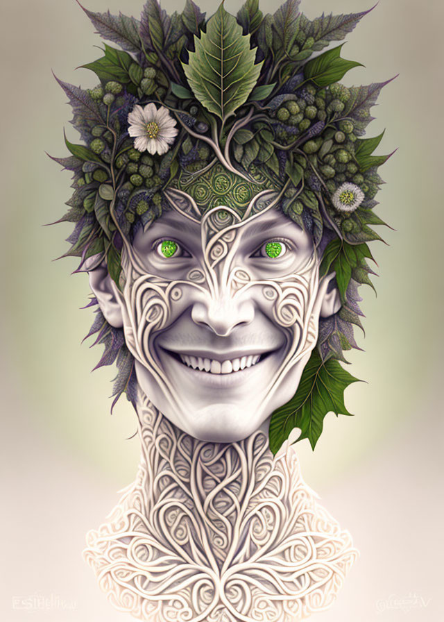 Mystical figure with green eyes and leaf crown, adorned with tribal patterns