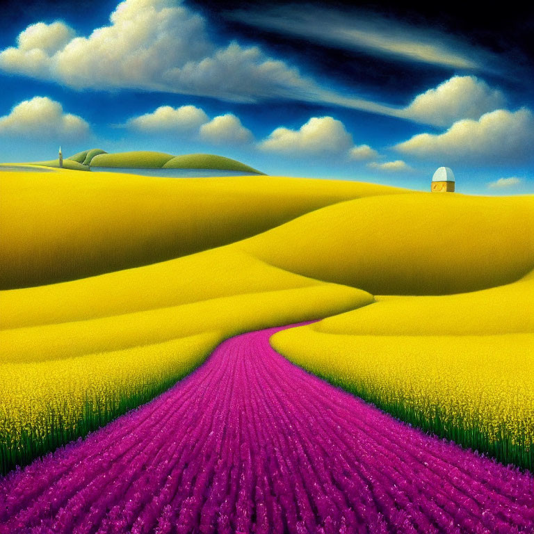 Colorful landscape painting: yellow hills, purple path, small house, blue sky