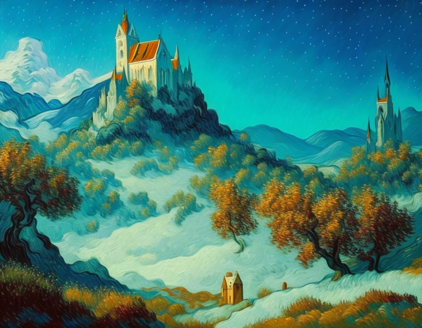 Whimsical landscape painting with castle, starry skies, hills, and autumn trees