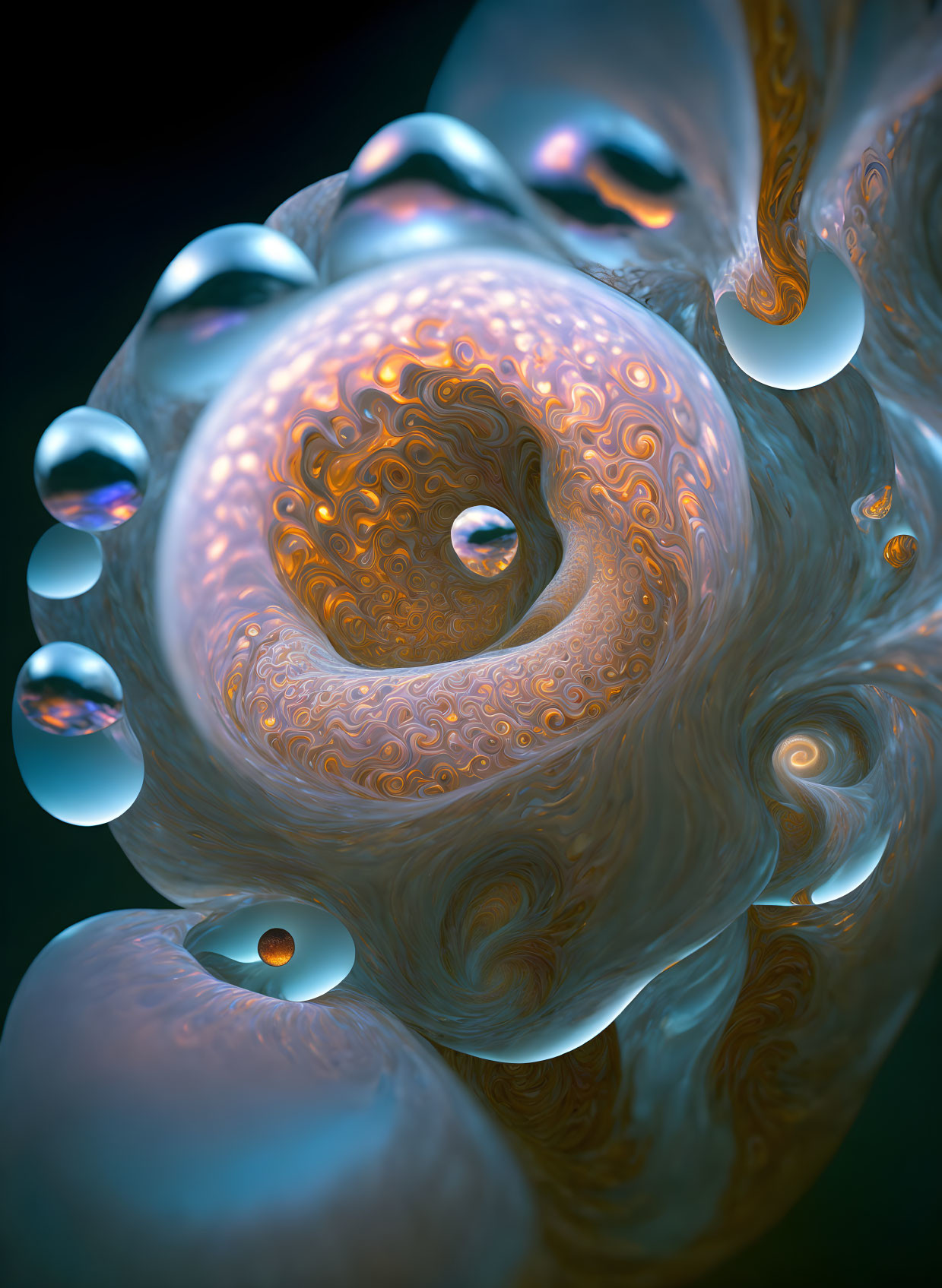 Digital fractal image: Swirling spiral pattern in orange and cream hues with glossy orbs