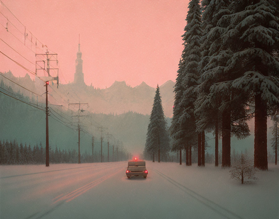 Snowy Road Scene: Car, Trees, Pink Sky & Broadcast Tower