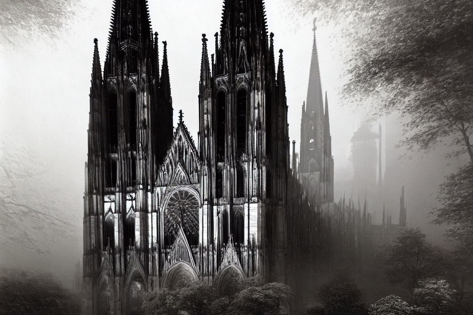 Gothic cathedral surrounded by mist and trees - mystical atmosphere