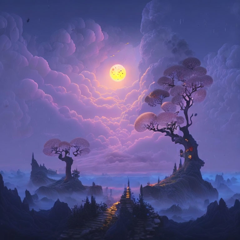 Surreal purple landscape with large trees framing glowing moon in mystical atmosphere