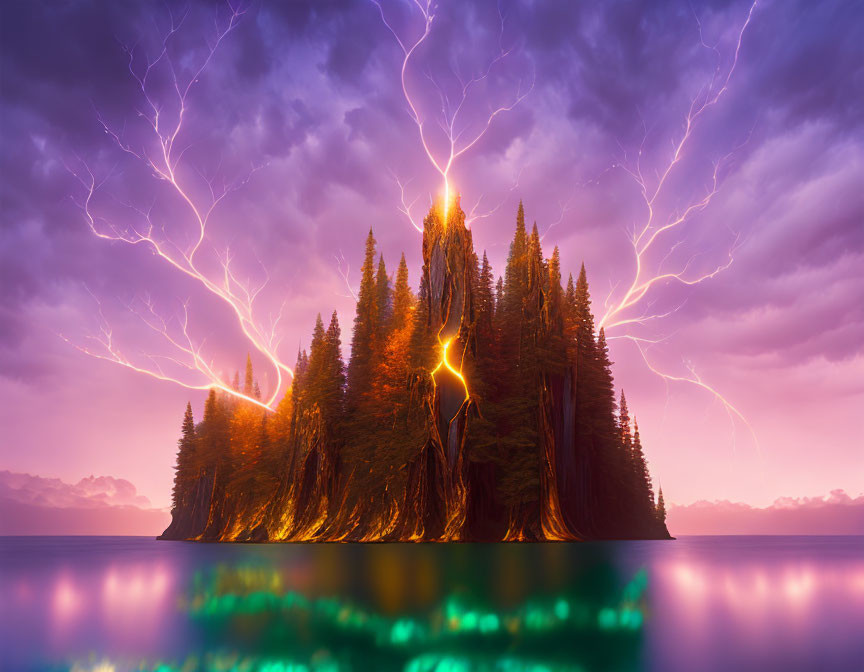 Lightning storm over dense forest island at dusk