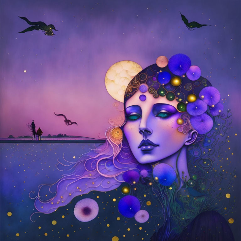 Surreal woman with flowing hair in nature under purple night sky