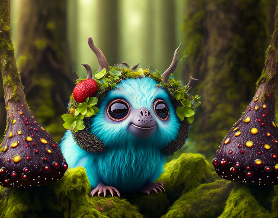 Blue Furry Creature with Horns and Strawberry Hat in Enchanted Forest Scene