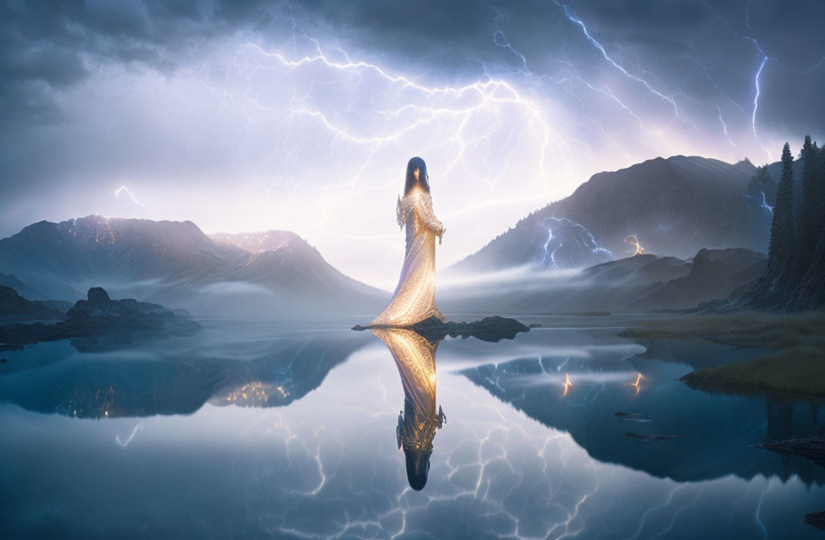 Golden-dressed figure in serene lake with lightning-lit sky