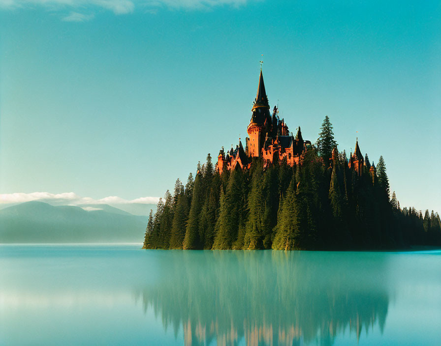 Serene lake with fairytale castle and pine trees under blue skies