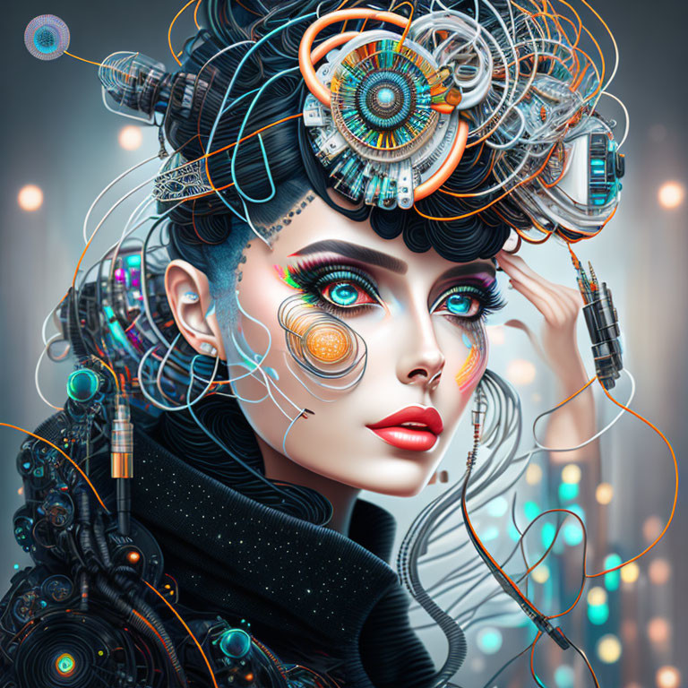 Female cyborg with intricate mechanical hair and futuristic city backdrop