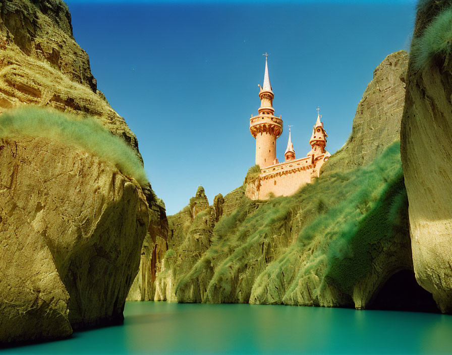 Majestic fairytale castle on vibrant green cliffs above serene turquoise water