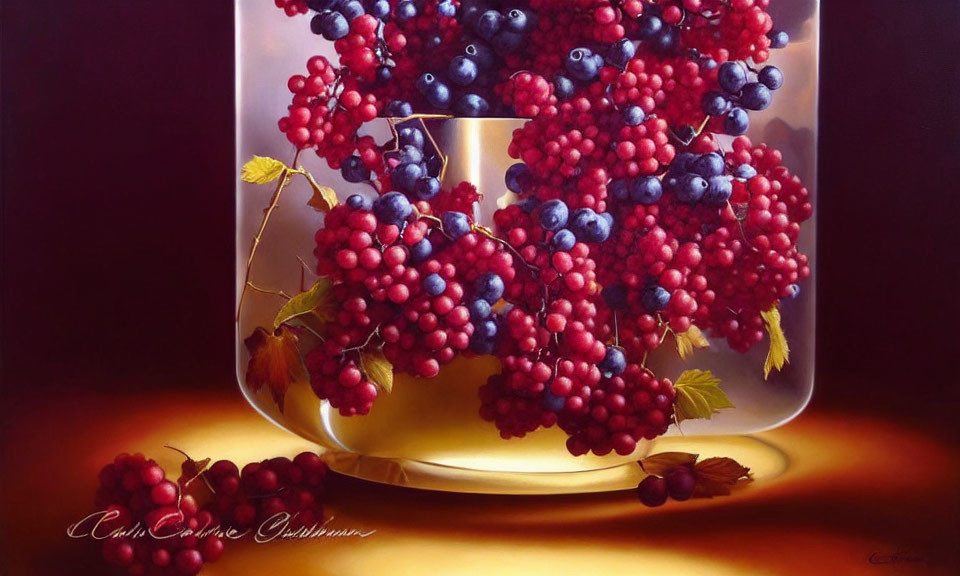 Hyperrealistic Painting of Glass Vase Overflowing with Red and Dark Blue Grapes