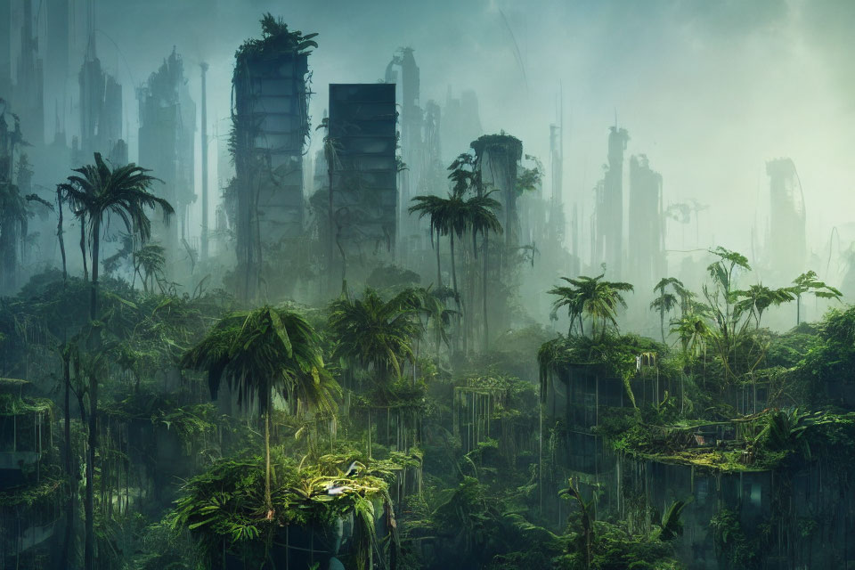 Futuristic city ruins overtaken by greenery and mist